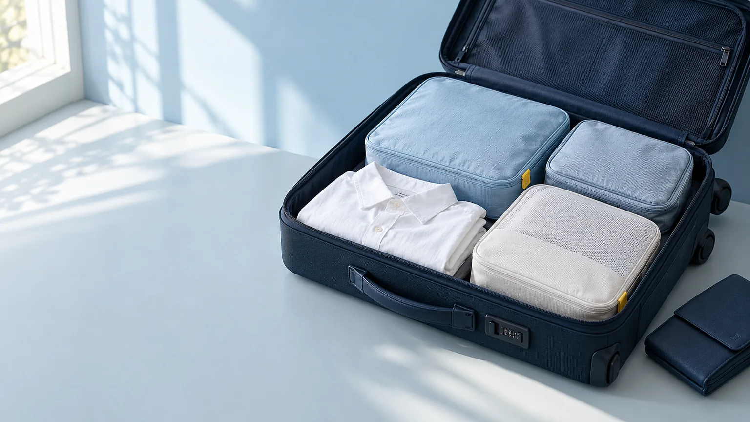 Valise ouverte et pochettes de voyage organisées sur une surface bleu-gris, dans une lumière naturelle nette.